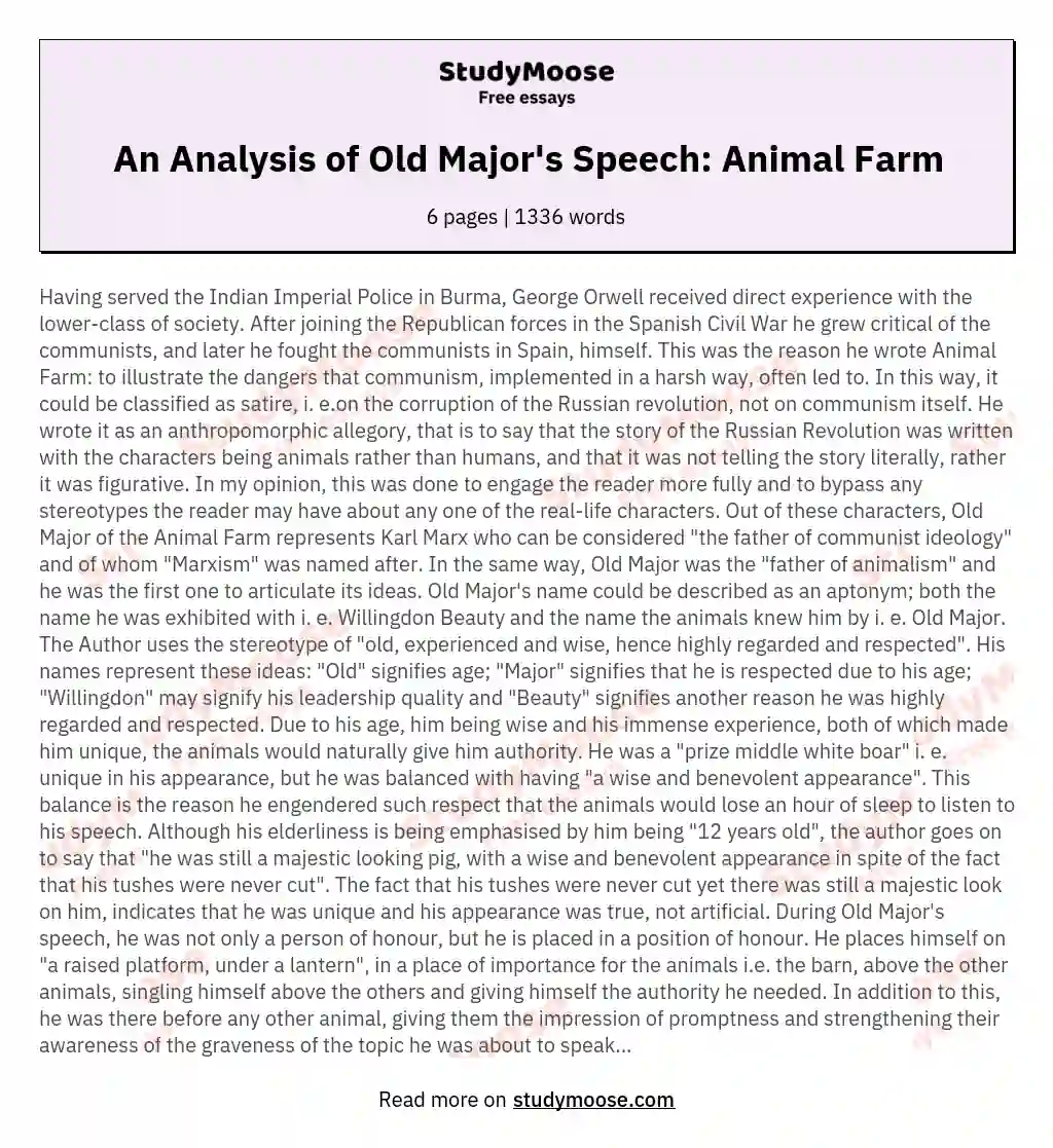 An Analysis Of Old Major s Speech Animal Farm Free Essay Example