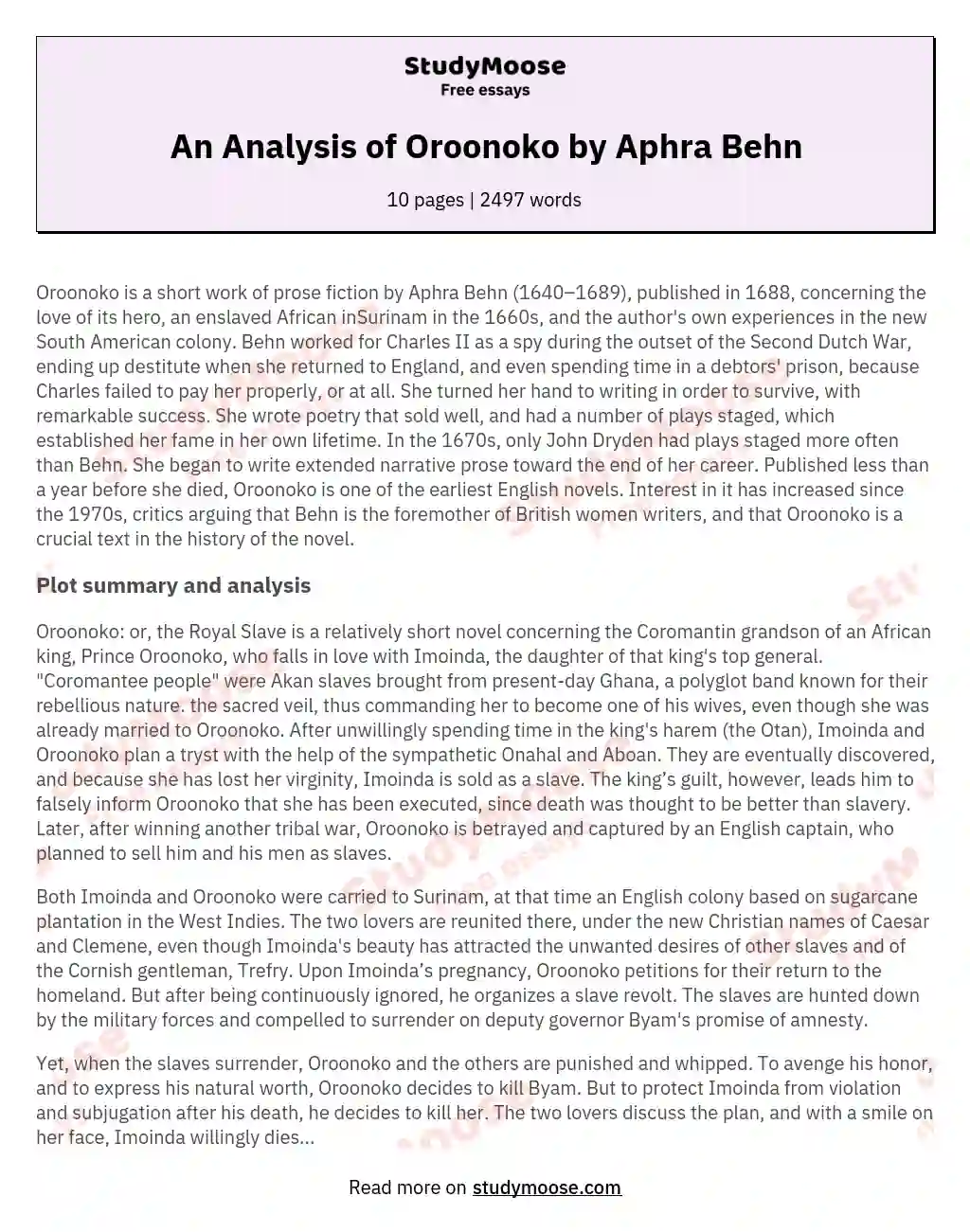 An Analysis of Oroonoko by Aphra Behn essay