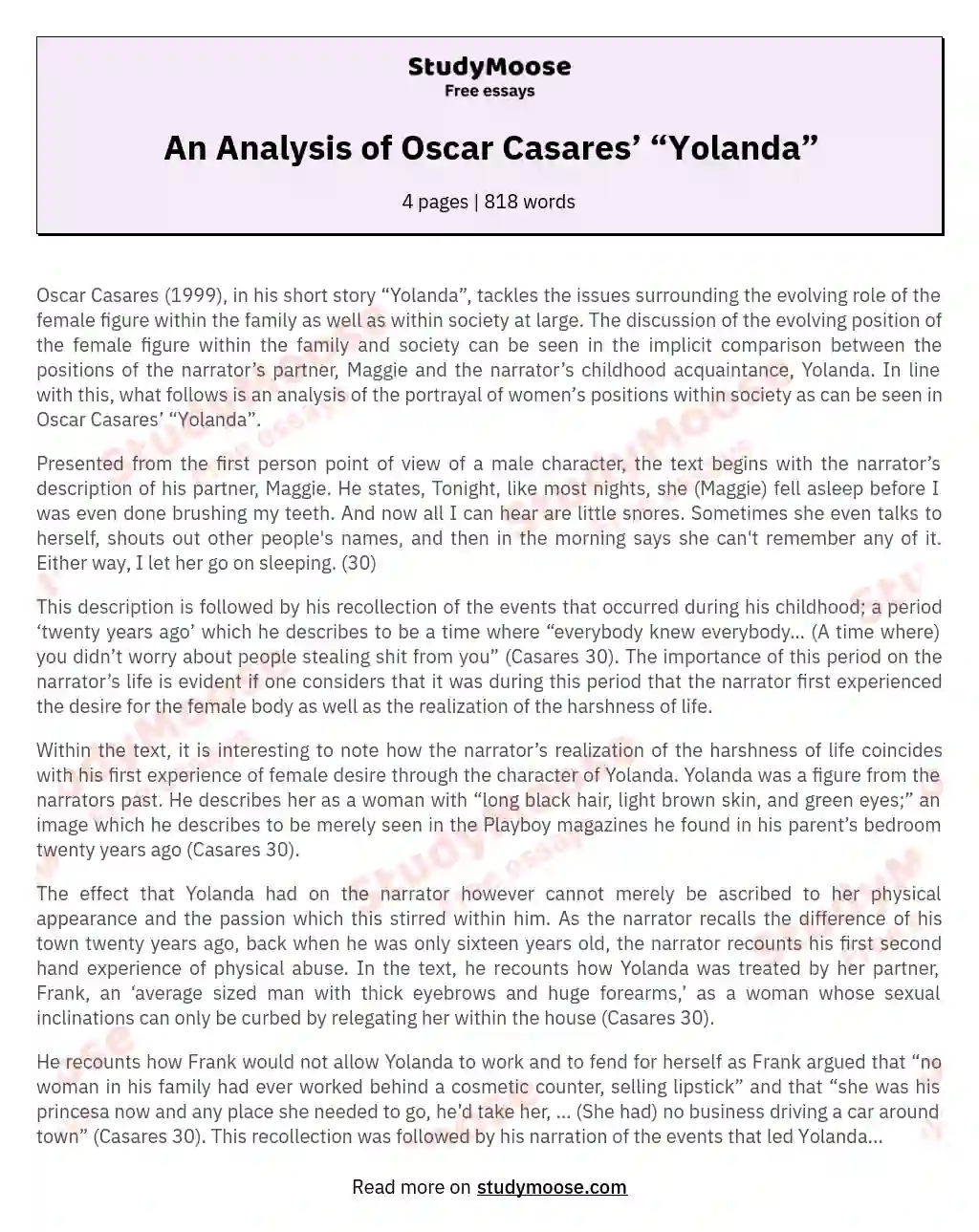 An Analysis of Oscar Casares’ “Yolanda” essay