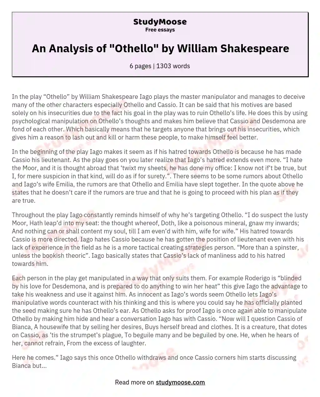 An Analysis of "Othello" by William Shakespeare essay