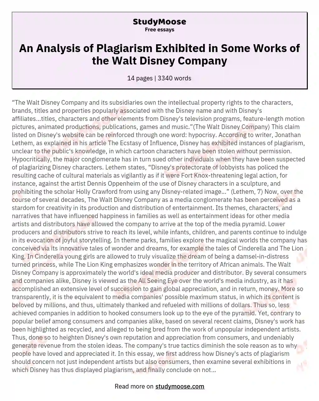 An Analysis of Plagiarism Exhibited in Some Works of the Walt Disney Company essay