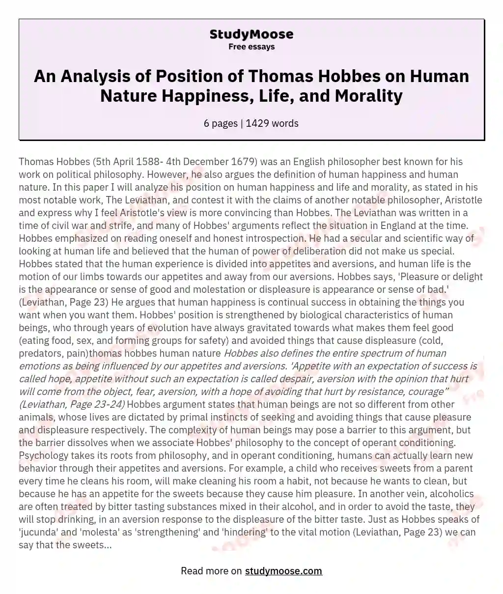 An Analysis of Position of Thomas Hobbes on Human Nature Happiness, Life, and Morality essay