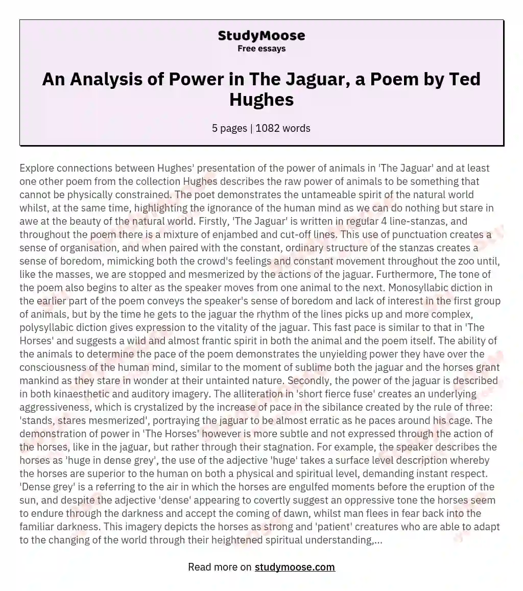 An Analysis of Power in The Jaguar, a Poem by Ted Hughes essay