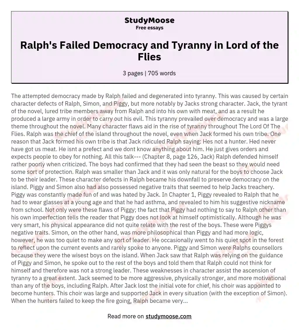 Ralph's Failed Democracy and Tyranny in Lord of the Flies essay