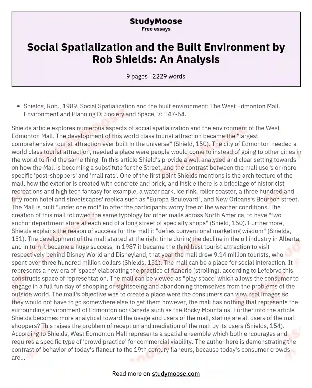 Social Spatialization and the Built Environment by Rob Shields: An Analysis essay