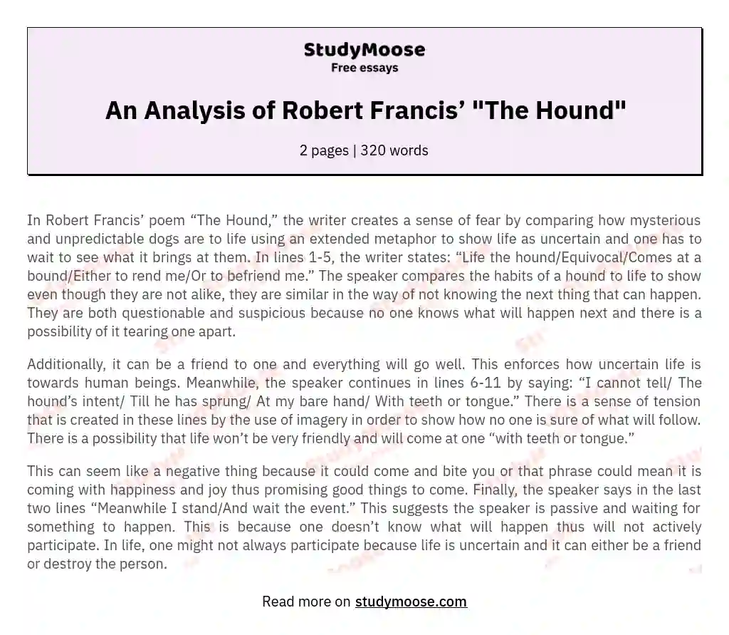 An Analysis of Robert Francis’ "The Hound" essay