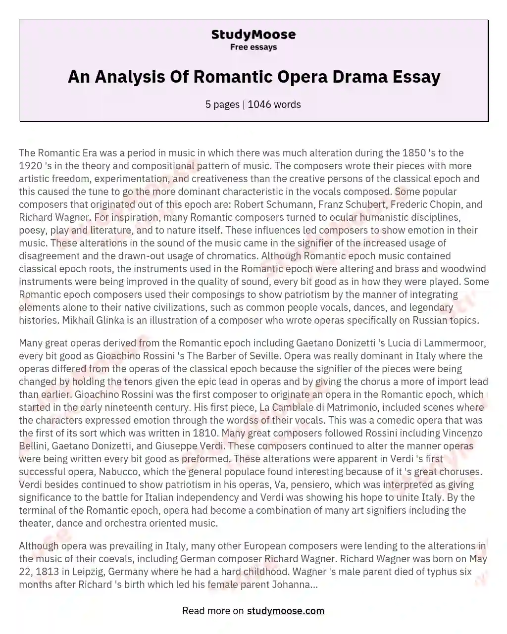 An Analysis Of Romantic Opera Drama Essay