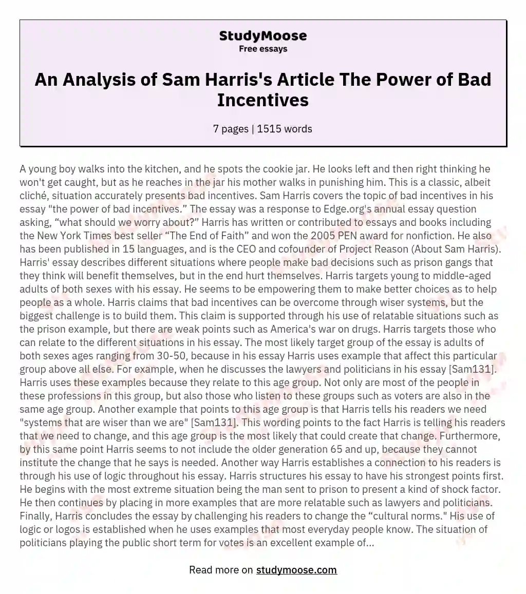 An Analysis of Sam Harris's Article The Power of Bad Incentives