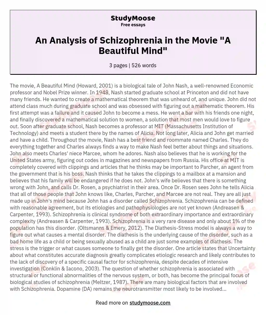 An Analysis of Schizophrenia in the Movie "A Beautiful Mind" essay