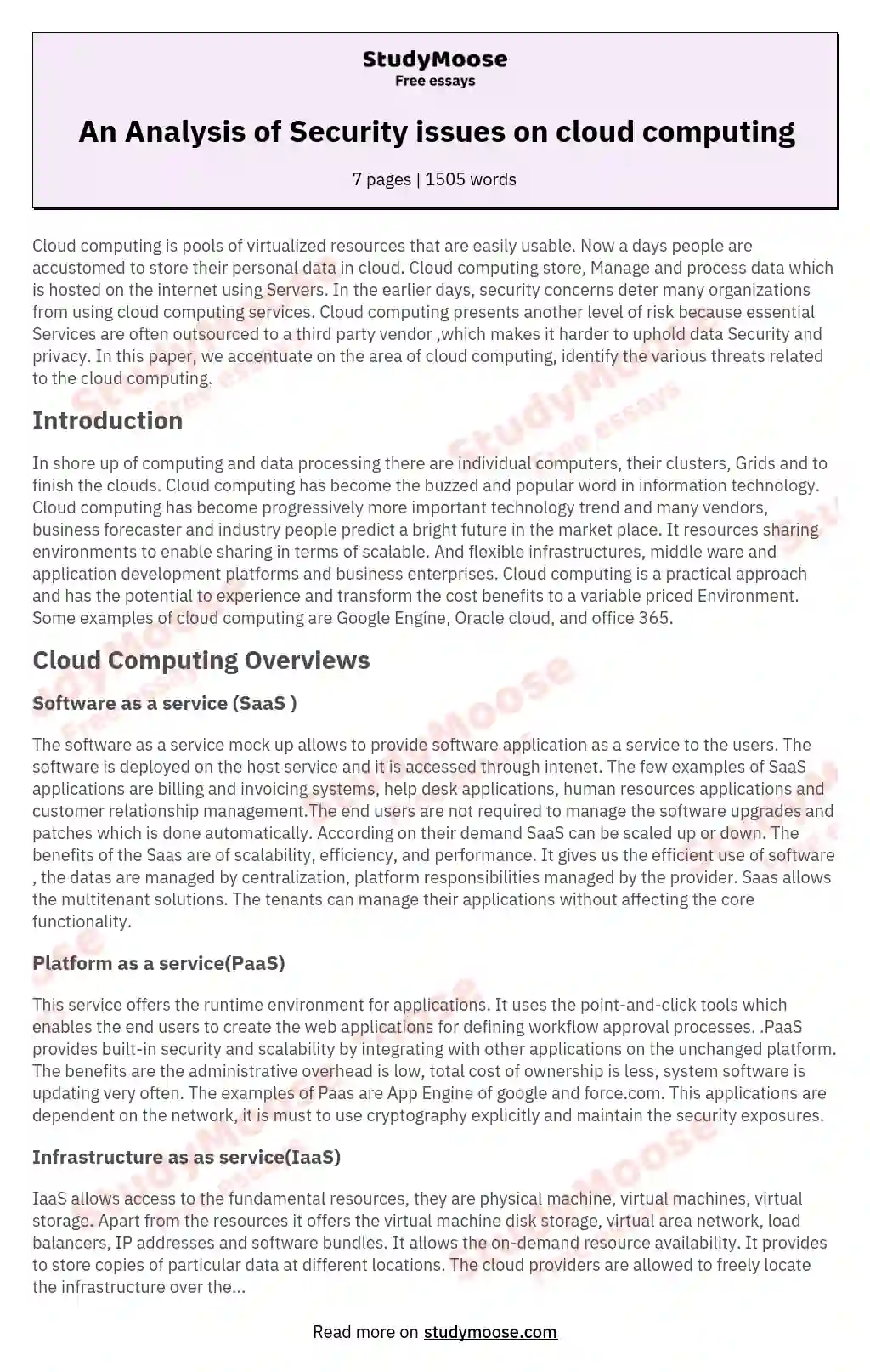 An Analysis of Security issues on cloud computing essay