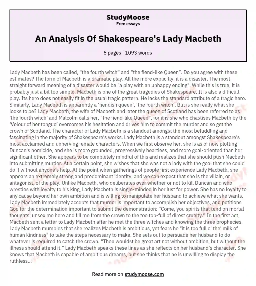 An Analysis Of Shakespeare's Lady Macbeth essay