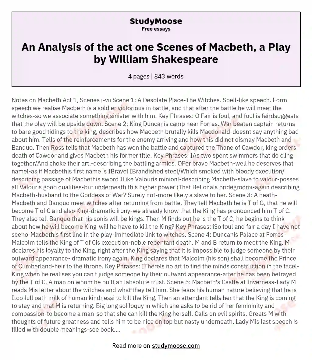 An Analysis of the act one Scenes of Macbeth, a Play by William Shakespeare essay