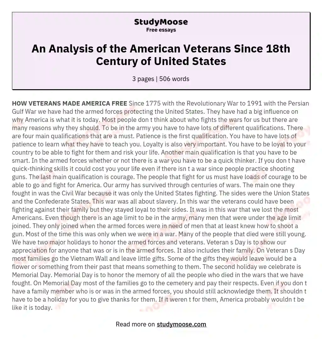 An Analysis of the American Veterans Since 18th Century of United States essay