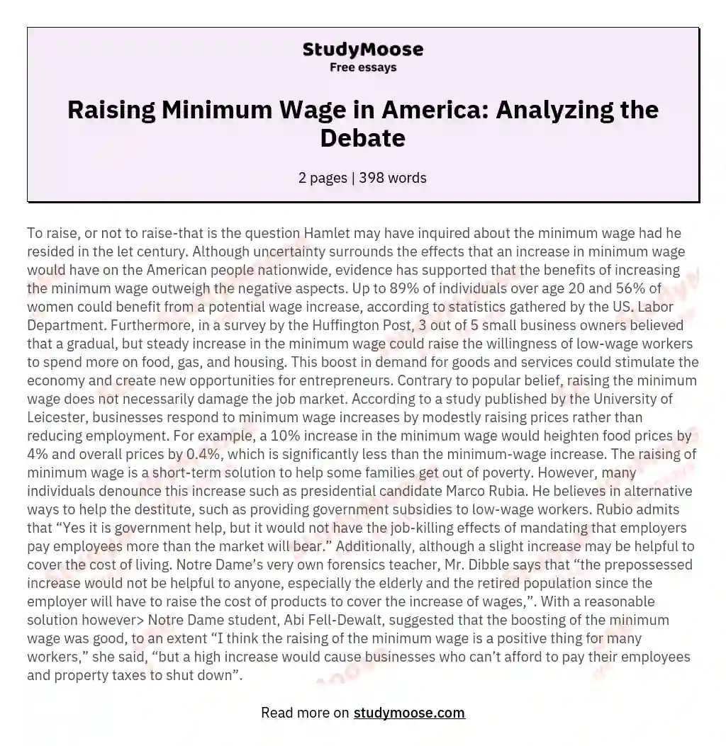 Raising Minimum Wage in America: Analyzing the Debate essay