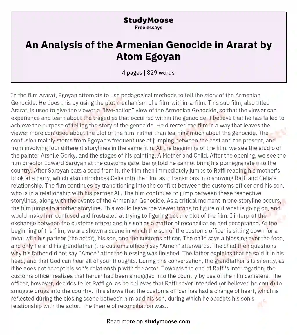 Ararat: A Complex Narrative of the Armenian Genocide essay