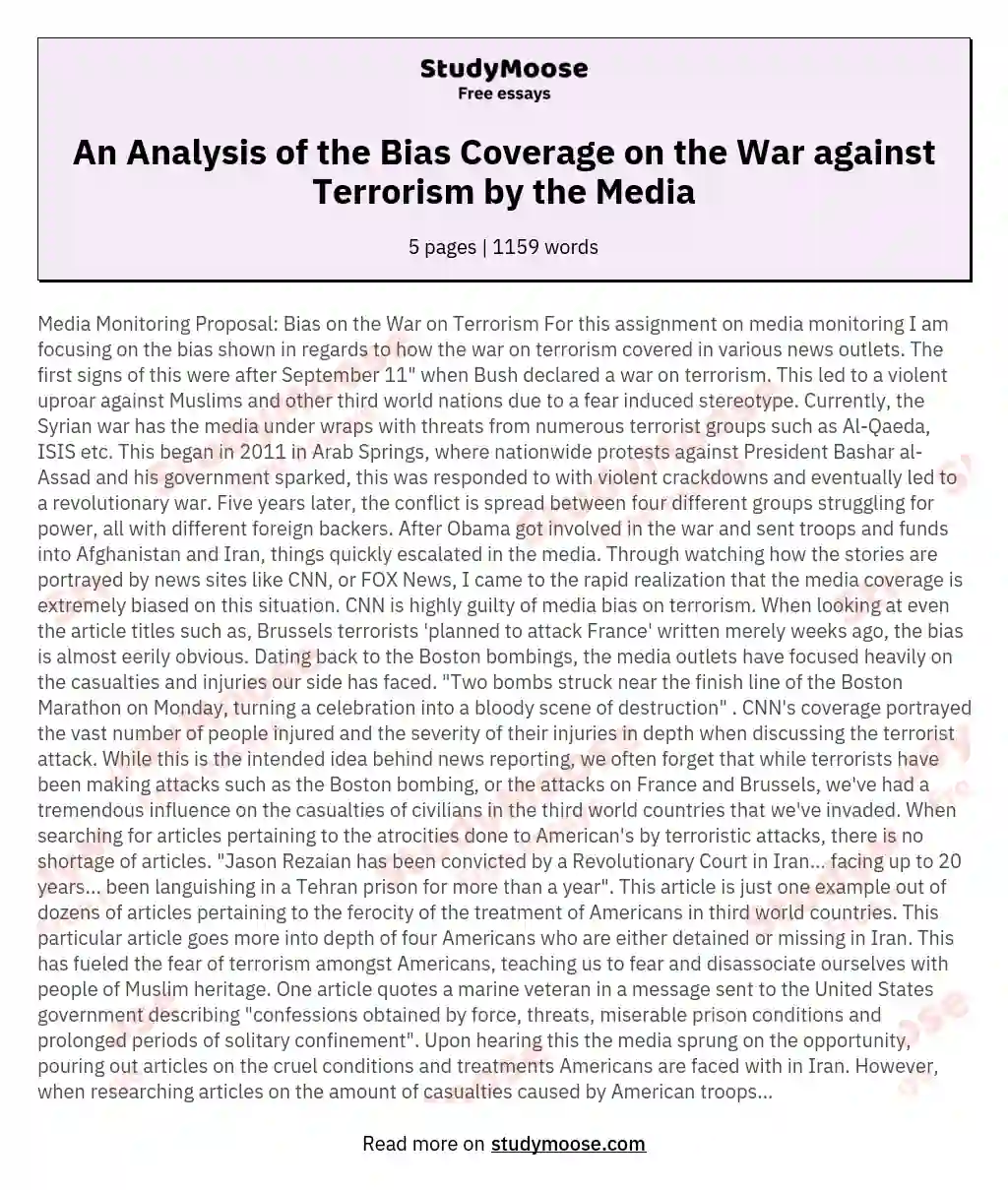 An Analysis of the Bias Coverage on the War against Terrorism by the Media essay