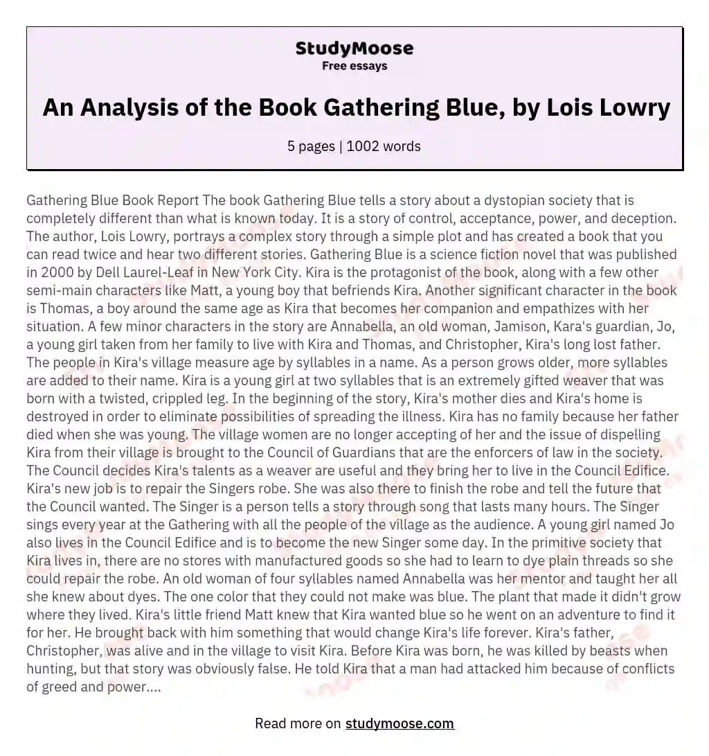 An Analysis of the Book Gathering Blue, by Lois Lowry essay