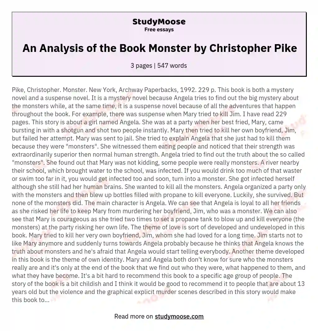 An Analysis of the Book Monster by Christopher Pike essay