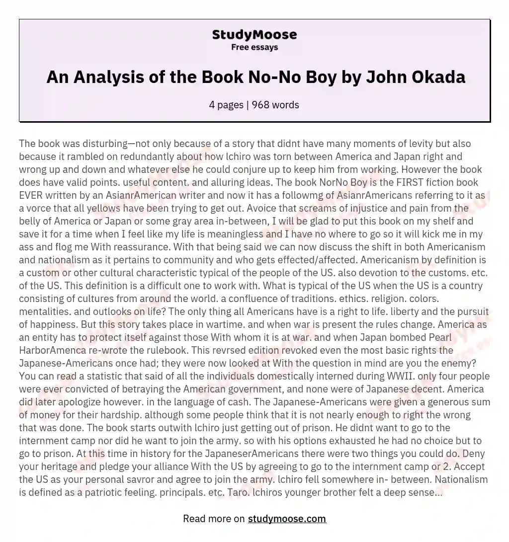 An Analysis of the Book No-No Boy by John Okada essay