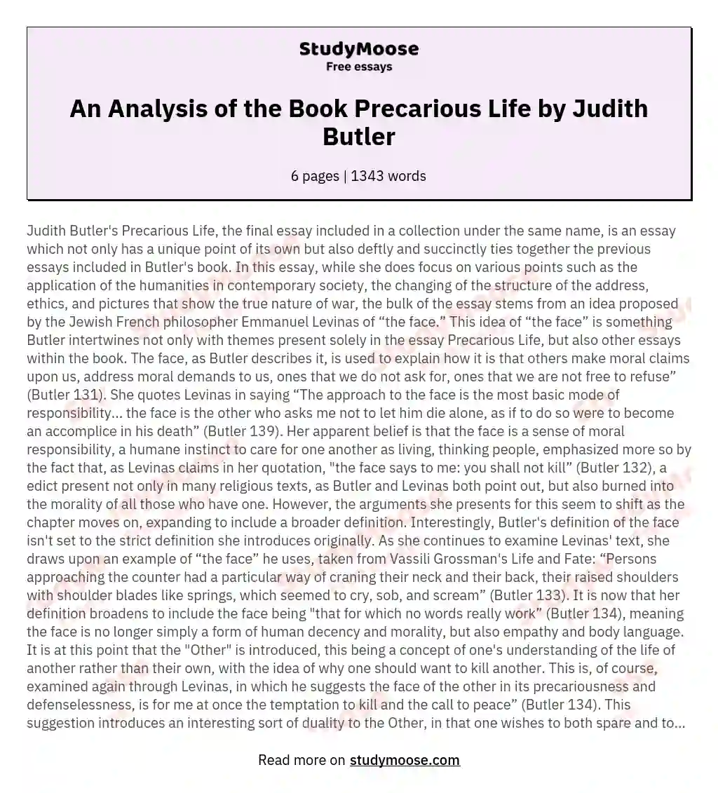 An Analysis of the Book Precarious Life by Judith Butler essay