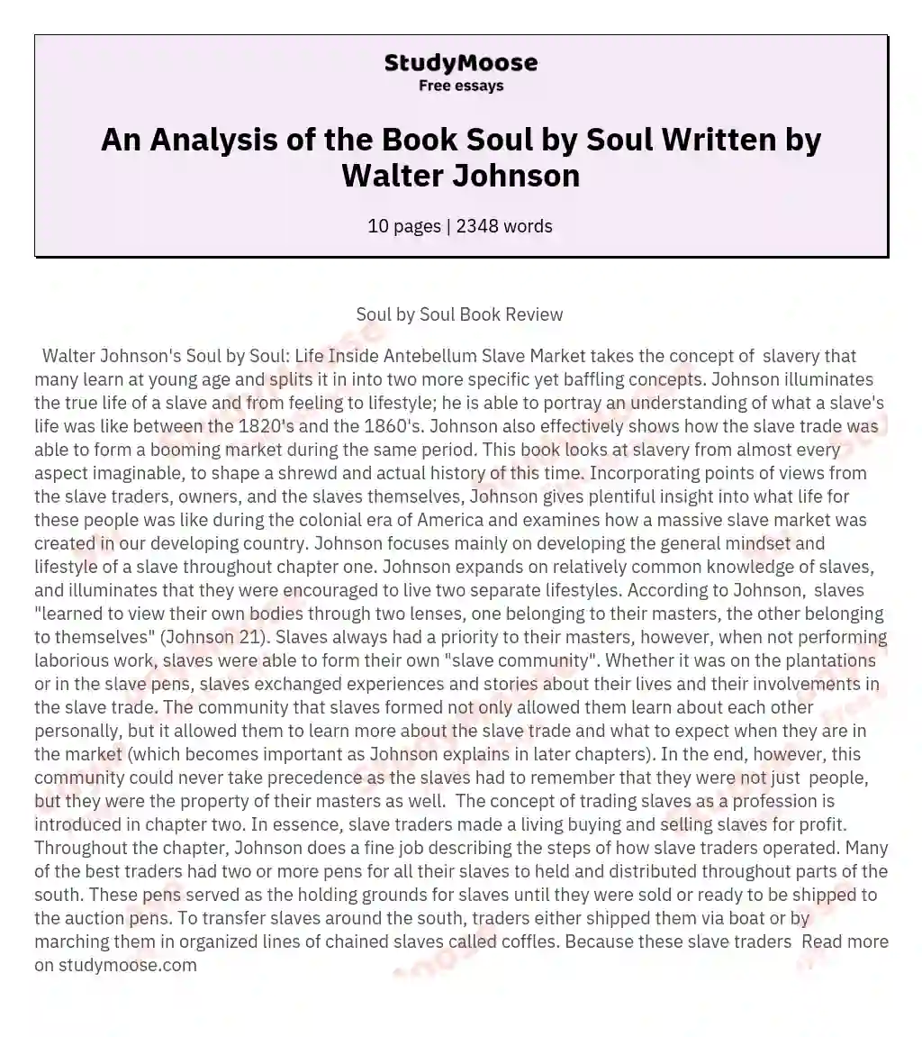 An Analysis of the Book Soul by Soul Written by Walter Johnson essay