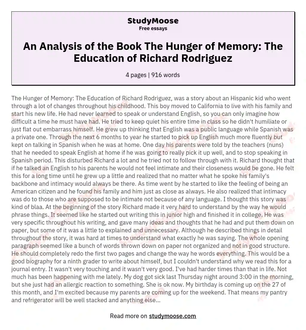 An Analysis of the Book The Hunger of Memory: The Education of Richard Rodriguez essay