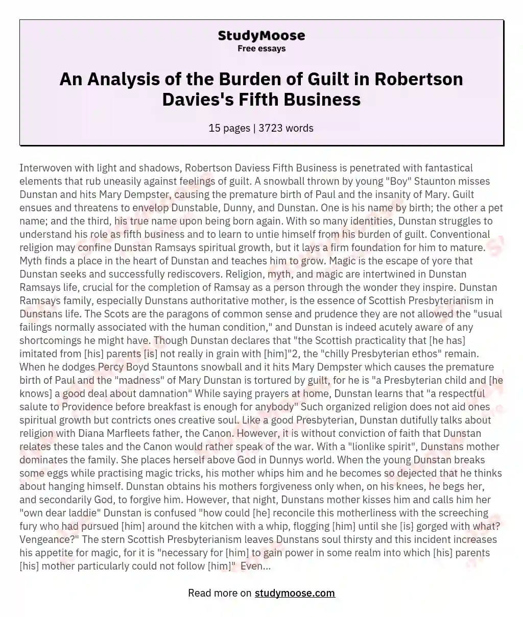 An Analysis of the Burden of Guilt in Robertson Davies's Fifth Business essay