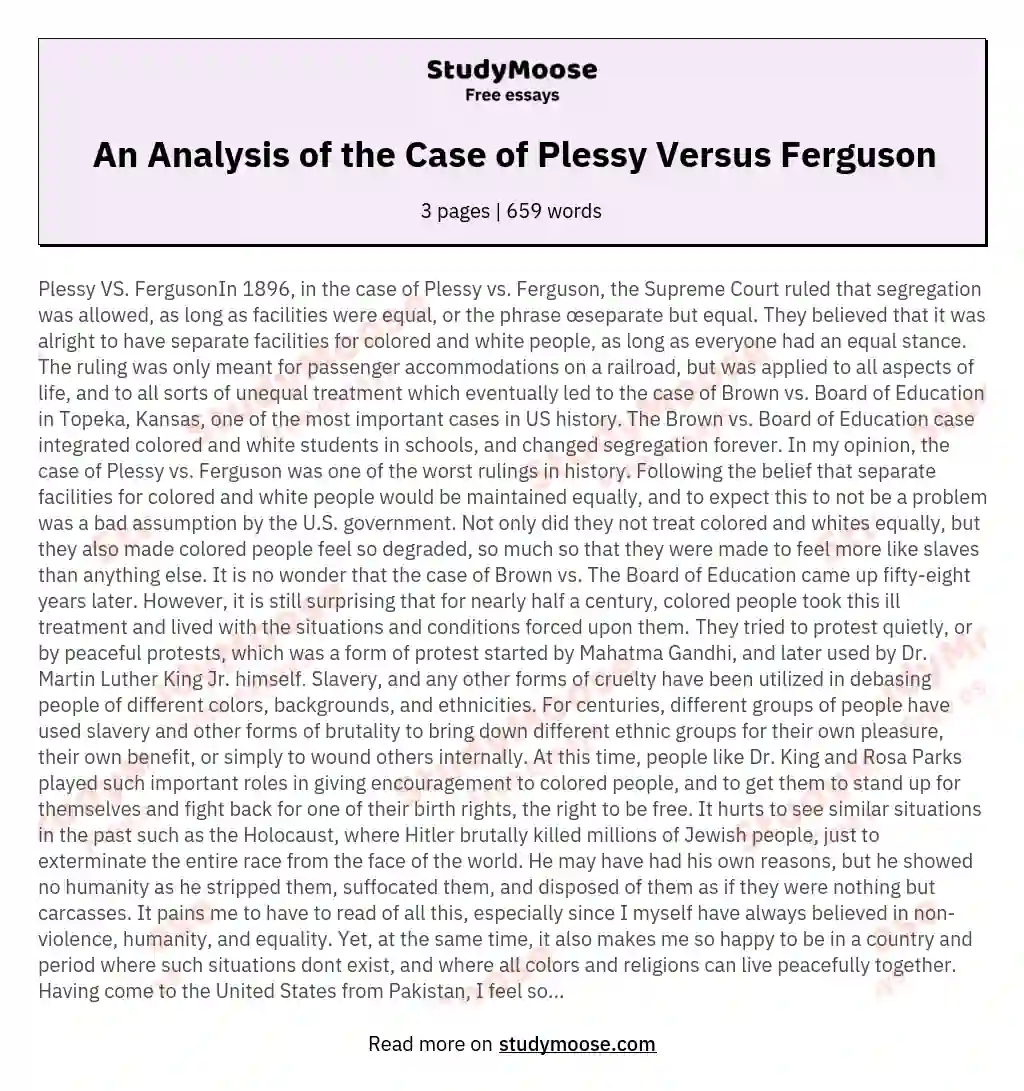 An Analysis of the Case of Plessy Versus Ferguson essay