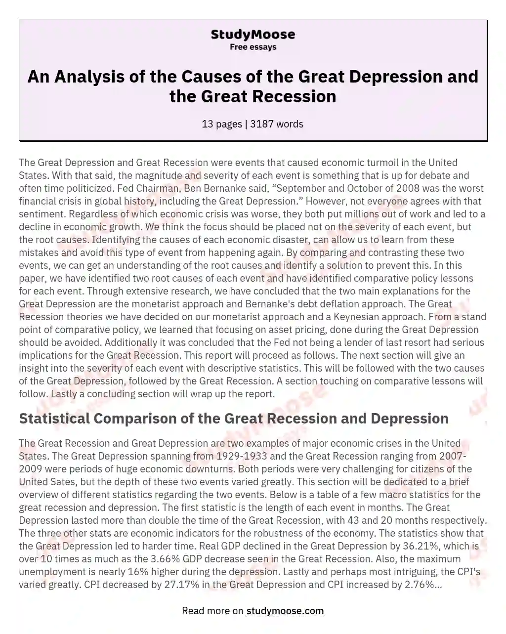 An Analysis of the Causes of the Great Depression and the Great Recession essay