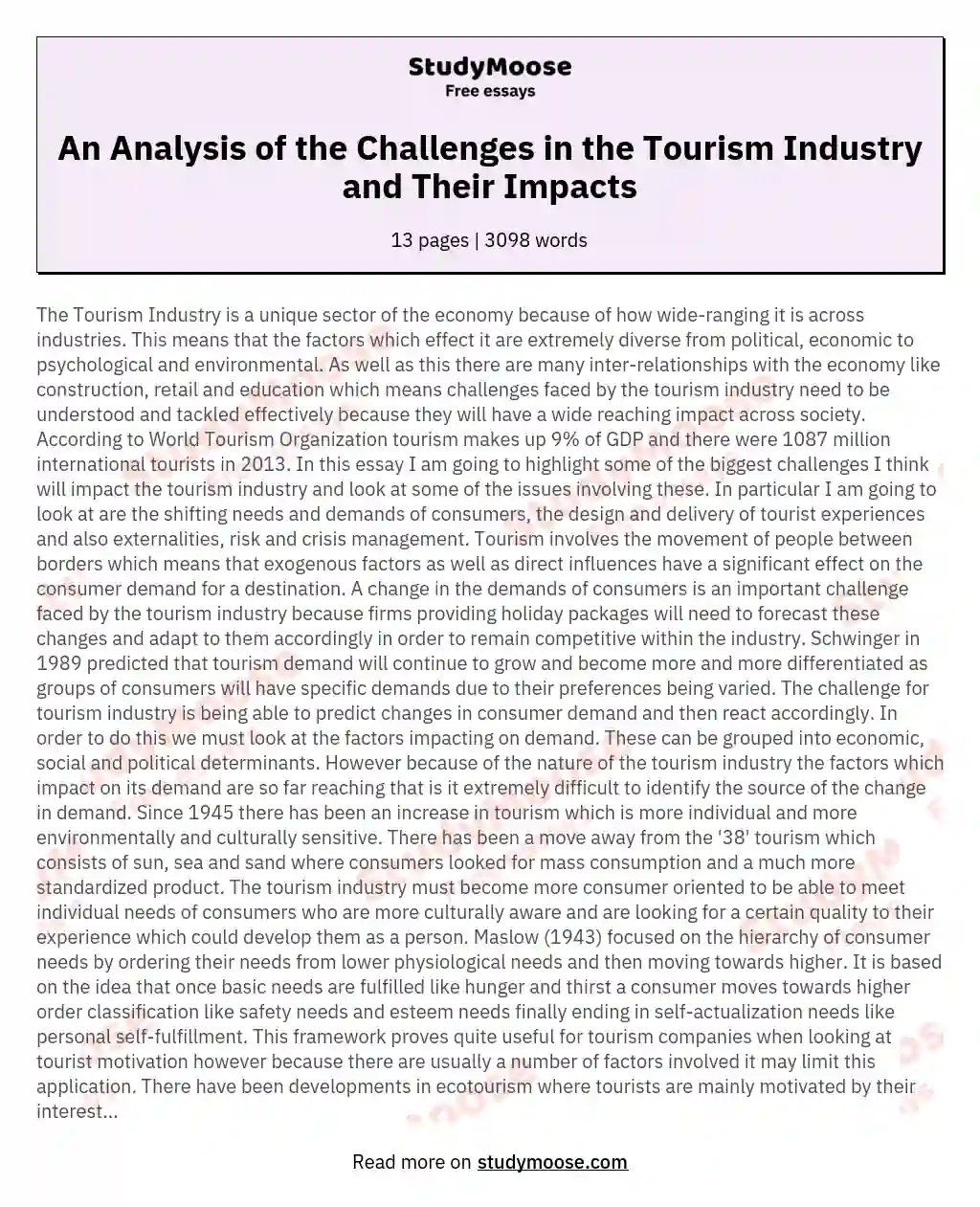 An Analysis of the Challenges in the Tourism Industry and Their Impacts essay