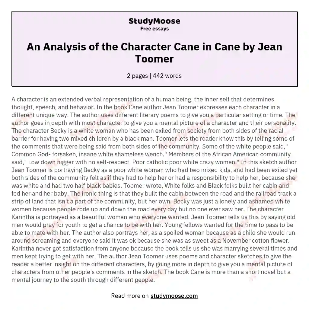 An Analysis of the Character Cane in Cane by Jean Toomer essay