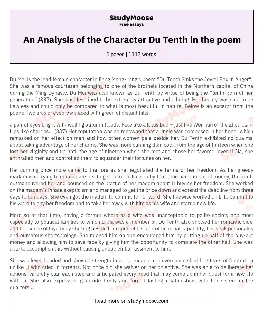 An Analysis of the Character Du Tenth in the poem