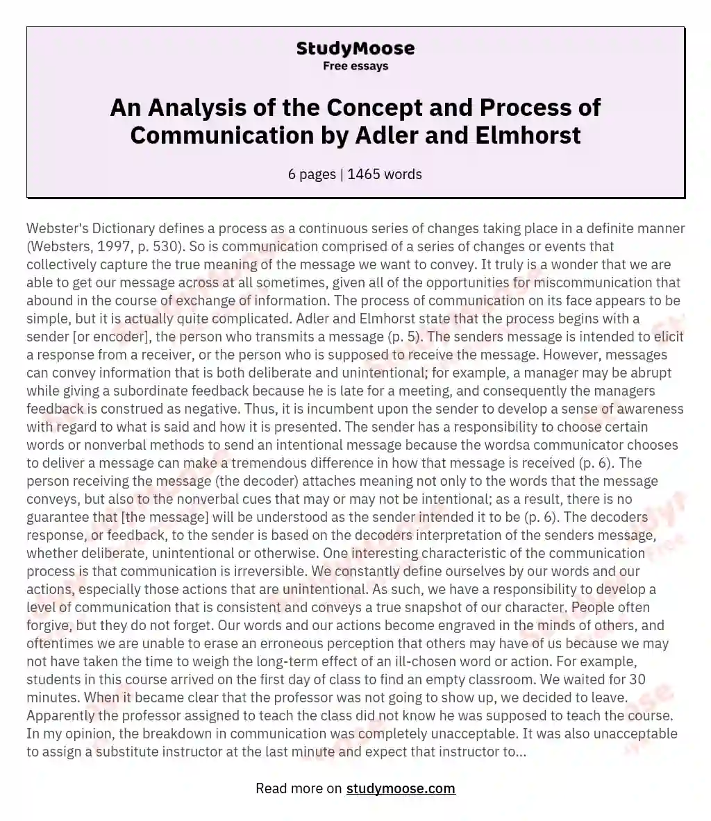 An Analysis of the Concept and Process of Communication by Adler and Elmhorst essay