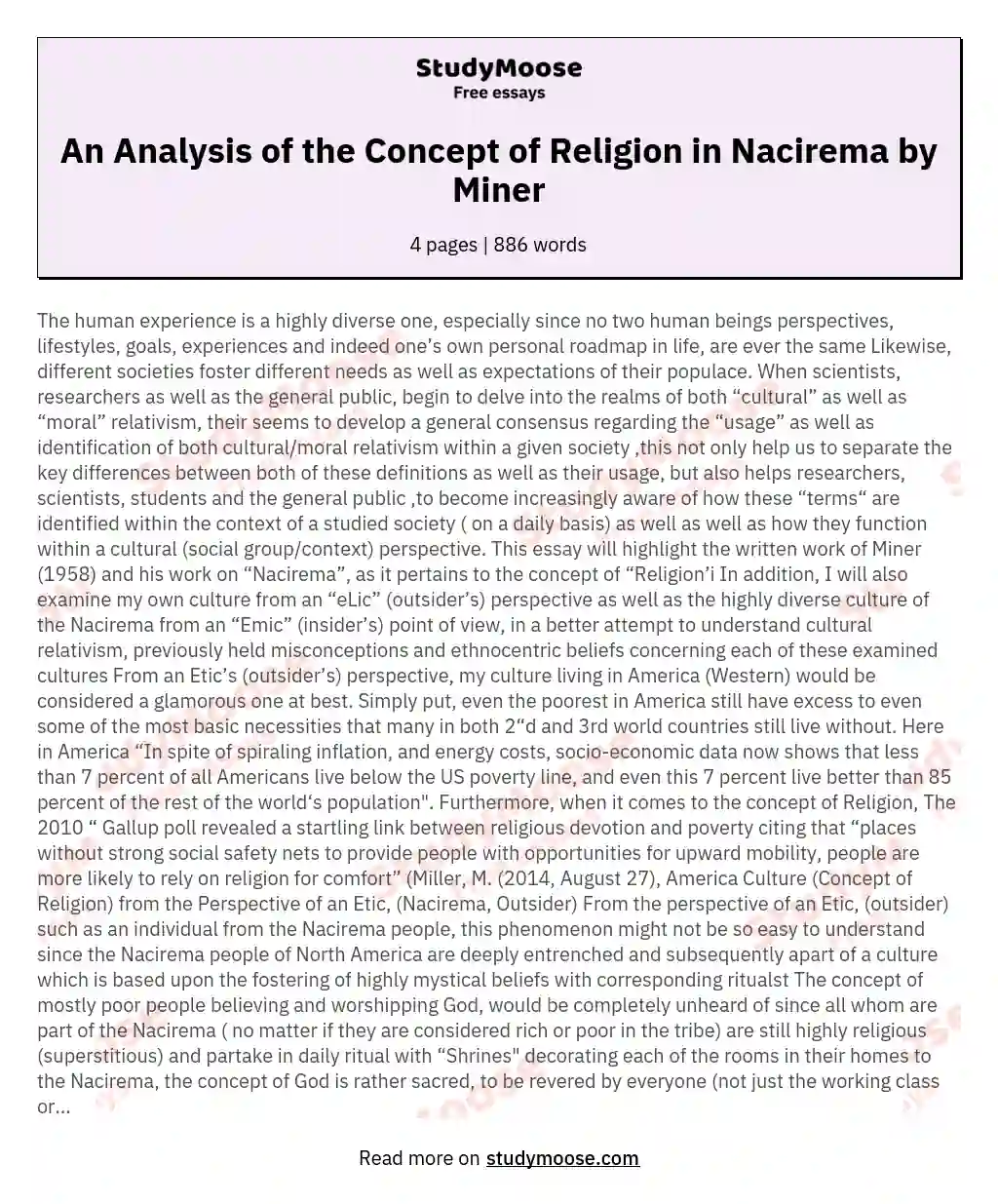 An Analysis of the Concept of Religion in Nacirema by Miner essay