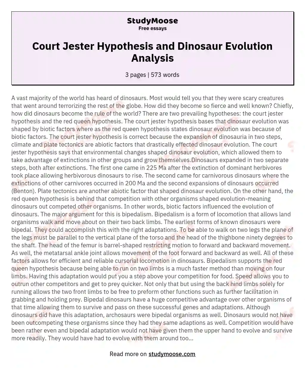 Court Jester Hypothesis and Dinosaur Evolution Analysis essay