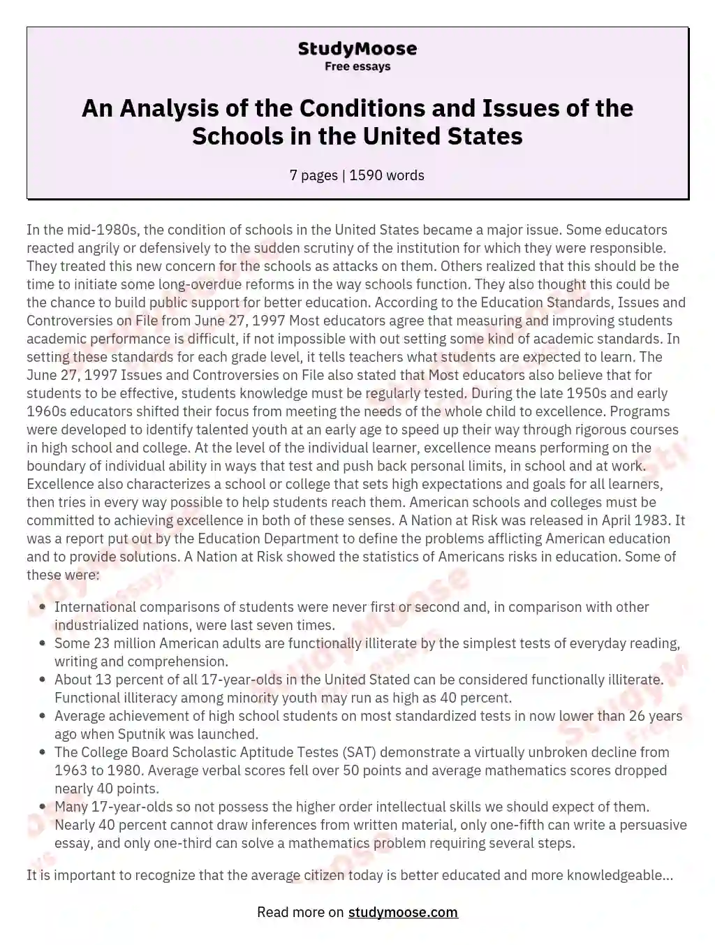 An Analysis of the Conditions and Issues of the Schools in the United States essay