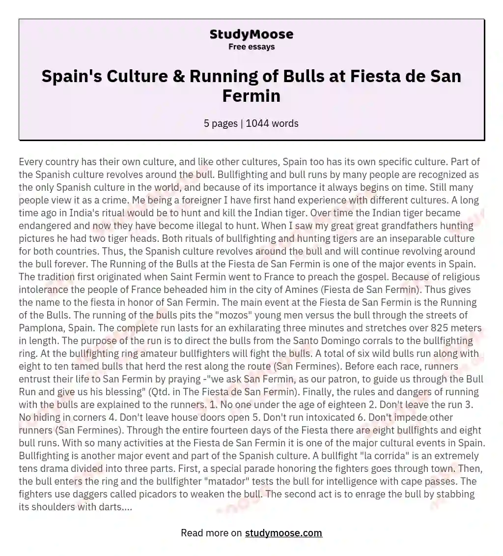 Spain's Culture & Running of Bulls at Fiesta de San Fermin essay