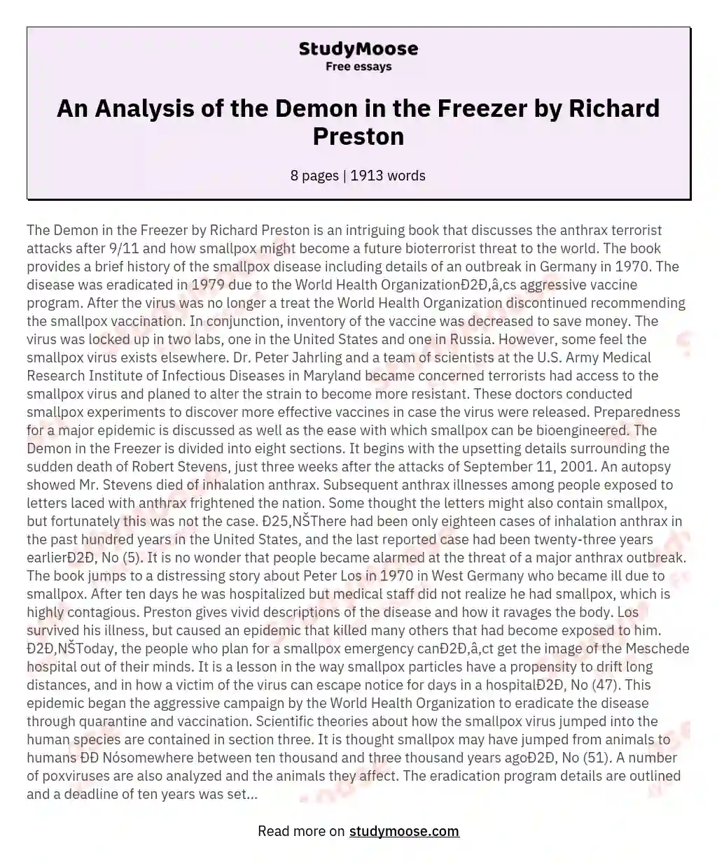 An Analysis of the Demon in the Freezer by Richard Preston essay