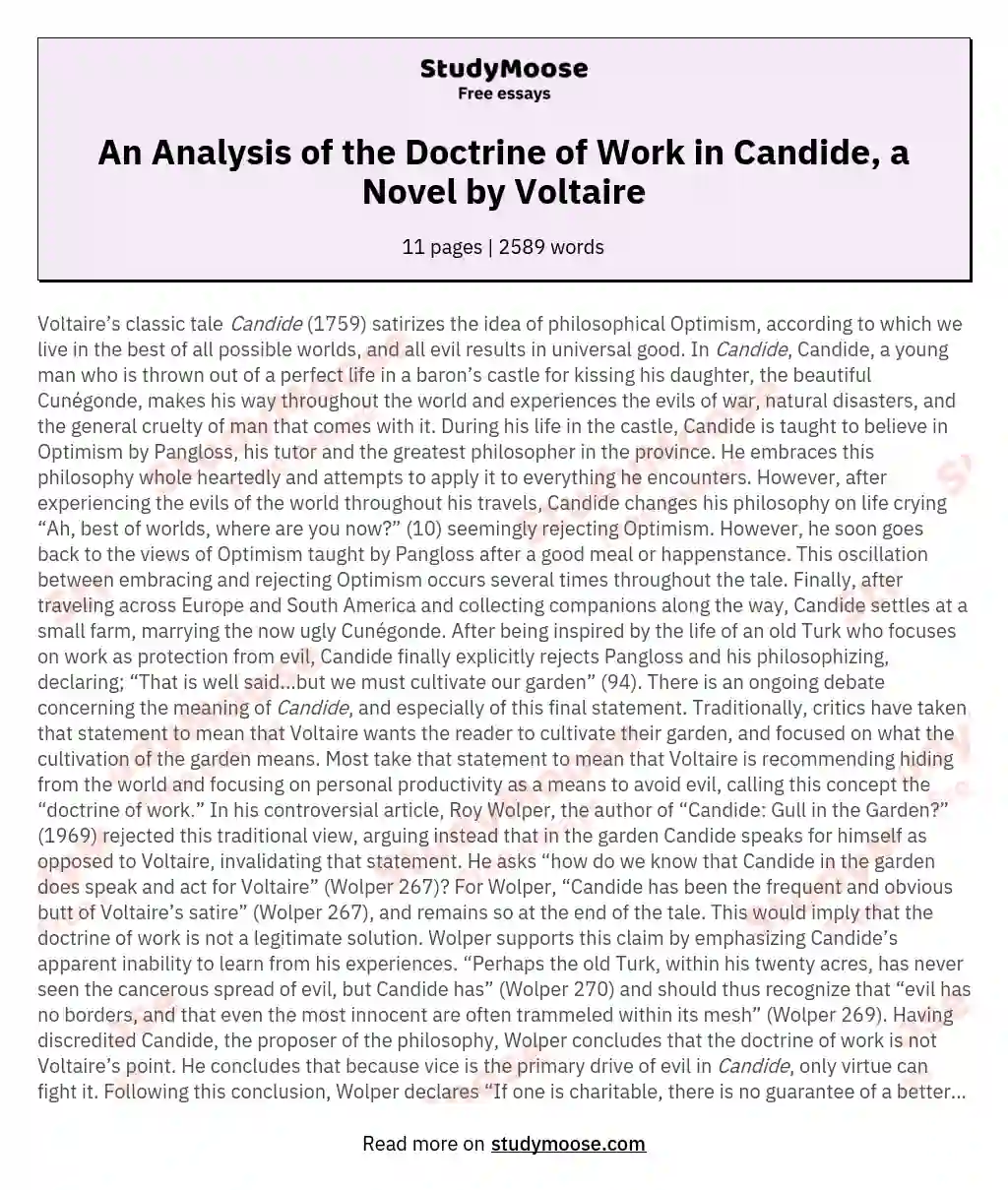 An Analysis of the Doctrine of Work in Candide, a Novel by Voltaire