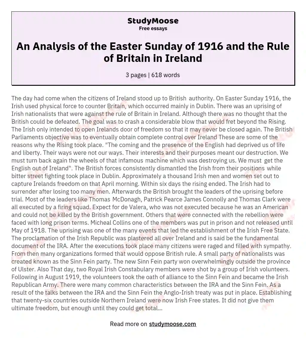 An Analysis of the Easter Sunday of 1916 and the Rule of Britain in Ireland essay