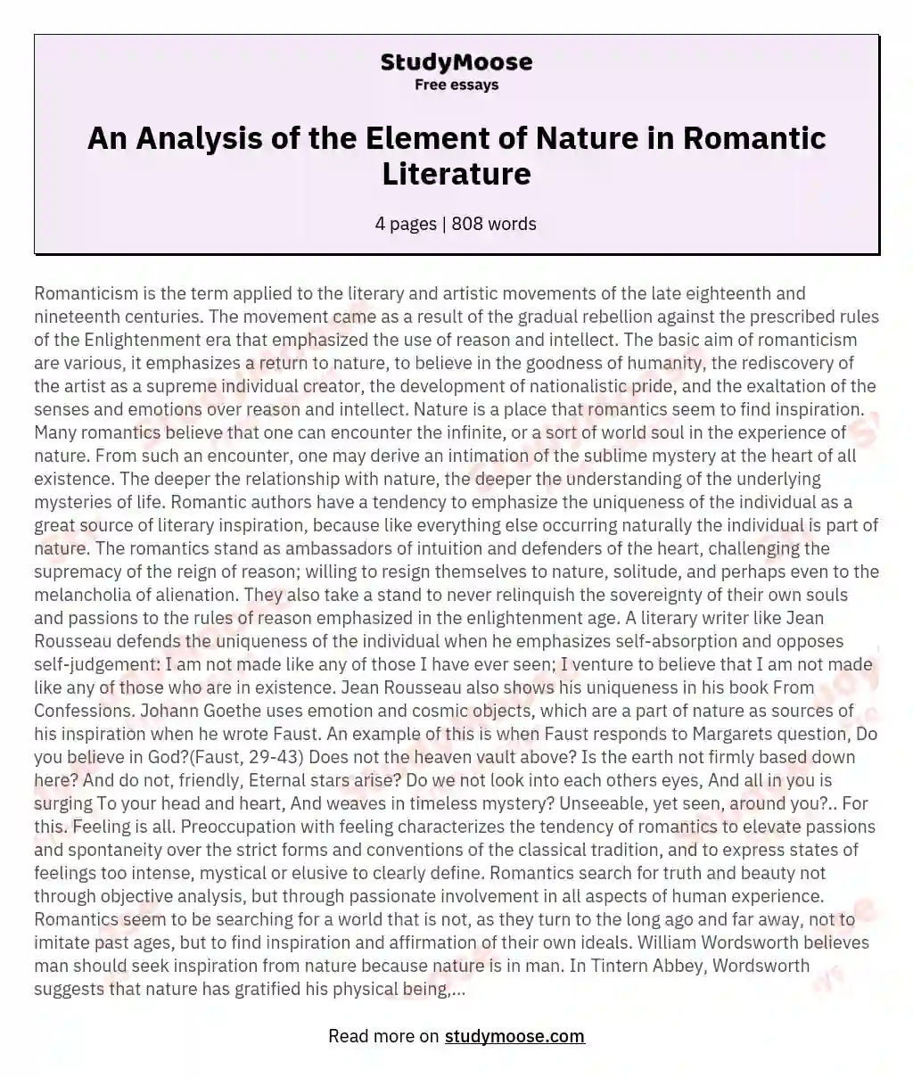 An Analysis of the Element of Nature in Romantic Literature essay