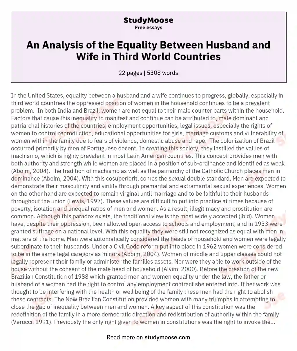 An Analysis of the Equality Between Husband and Wife in Third World Countries essay