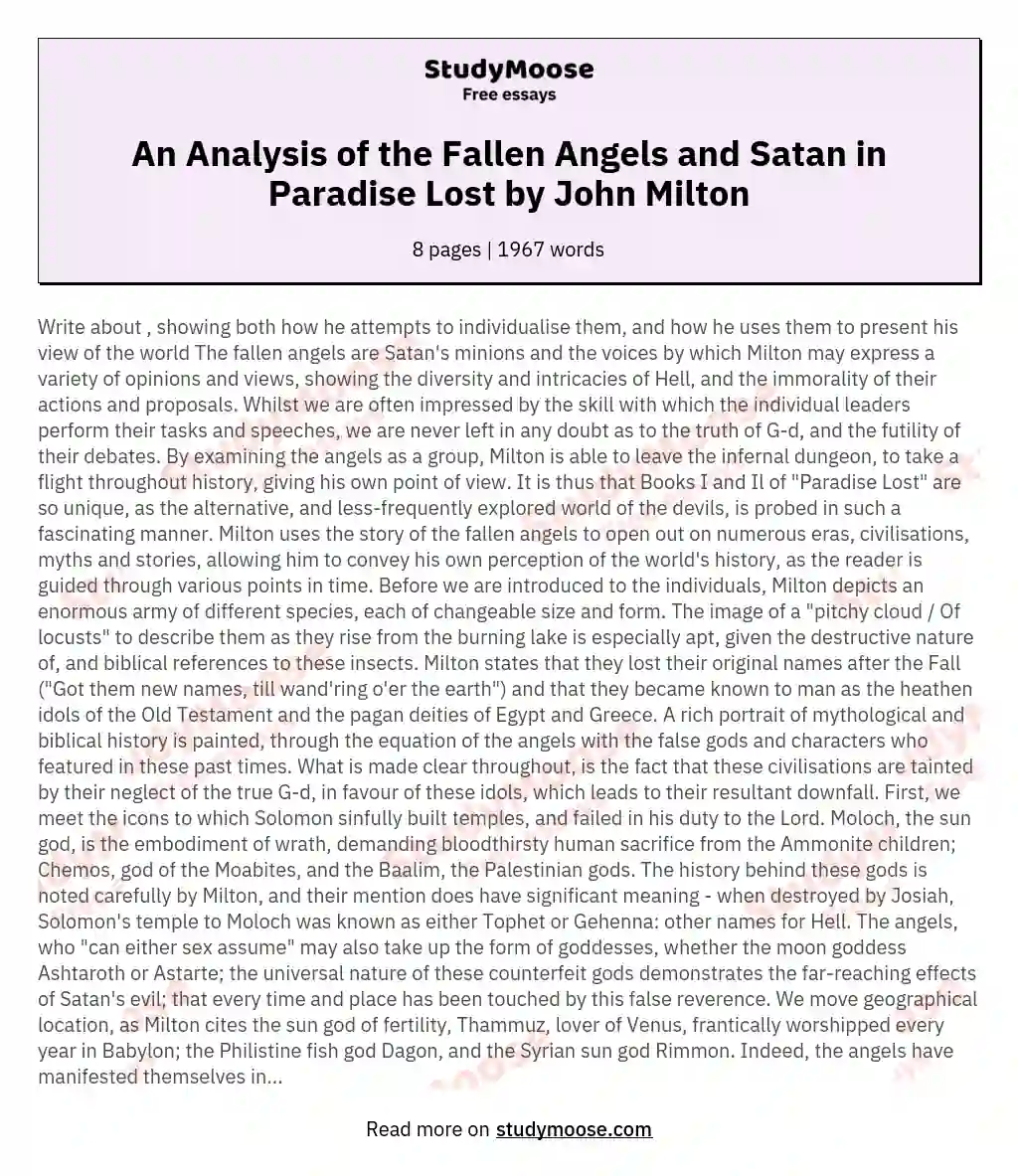 An Analysis of the Fallen Angels and Satan in Paradise Lost by John Milton essay
