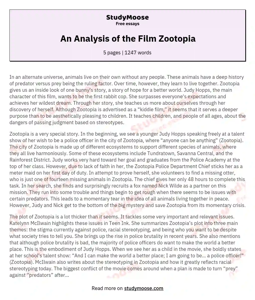 An Analysis of the Film Zootopia essay