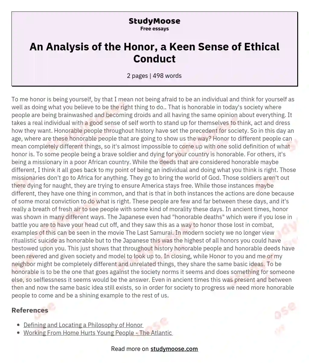 An Analysis of the Honor, a Keen Sense of Ethical Conduct essay