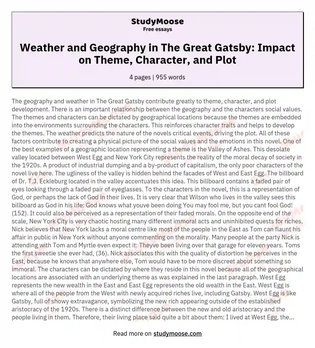 Weather and Geography in The Great Gatsby: Impact on Theme, Character, and Plot essay