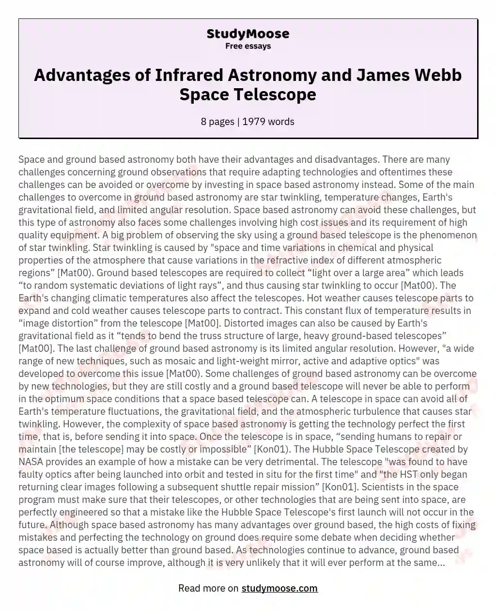 Advantages of Infrared Astronomy and James Webb Space Telescope essay