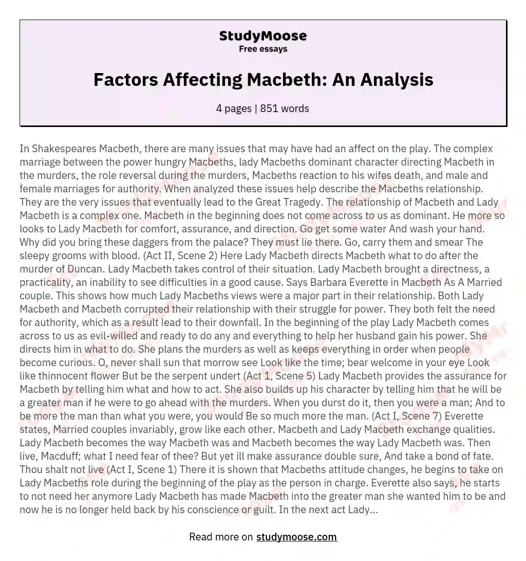 Factors Affecting Macbeth: An Analysis essay