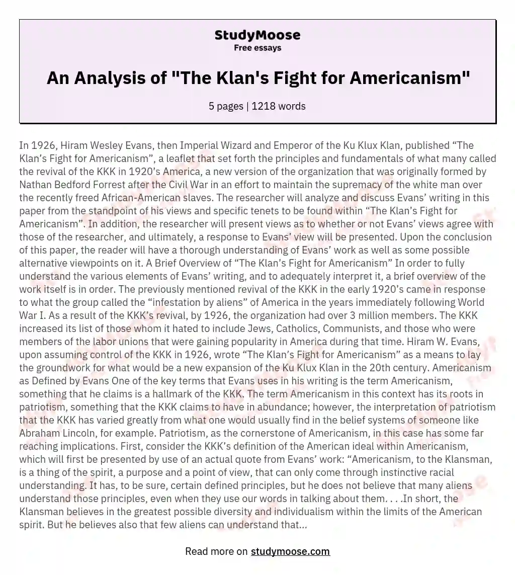 An Analysis of "The Klan's Fight for Americanism" essay