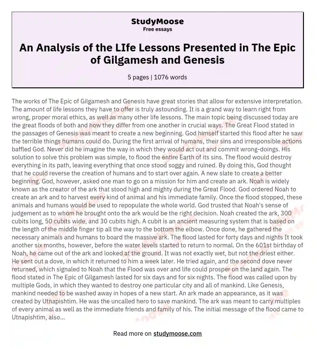 An Analysis of the LIfe Lessons Presented in The Epic of Gilgamesh and Genesis essay